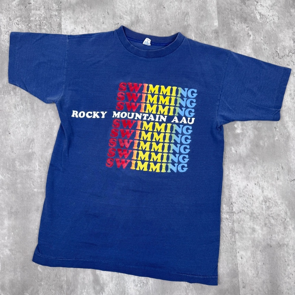 Vintage Champion Rocky Mountain AAU Team T-Shirt Mens‎ Large Blue Swimming 70s